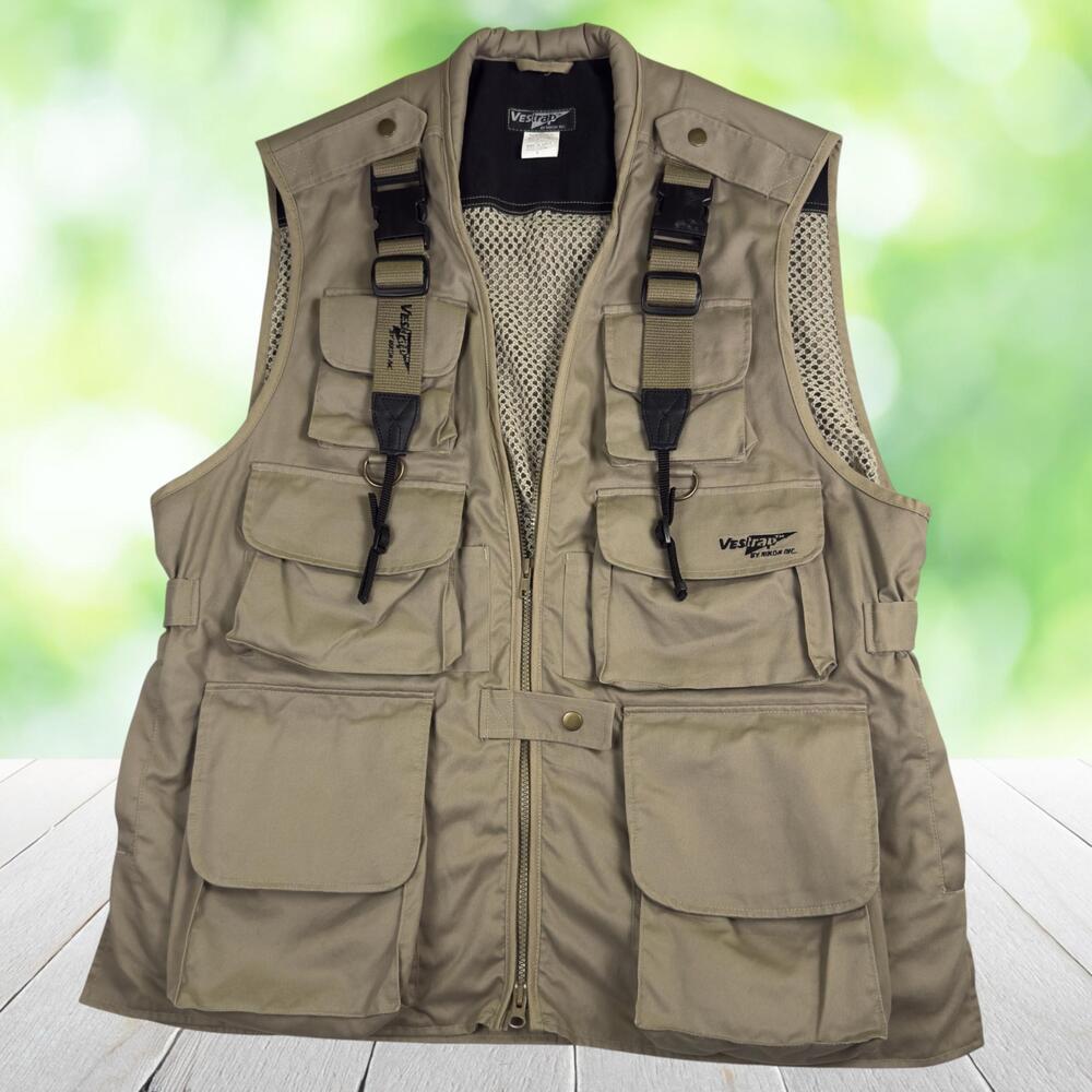 Vintage NIKON VESTRAP Photo Vest Utility Multi Pocket Outdoor Khaki Tan Mens L
